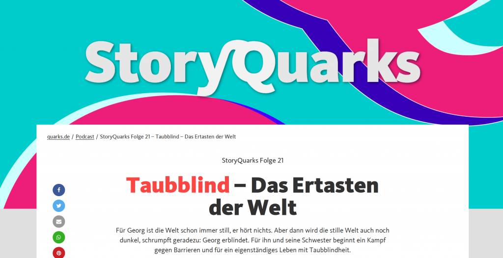 Logo der Serie StoryQuarks des WDR und Titel der Sendung: Taubblind - Das Ertasten der Welt
